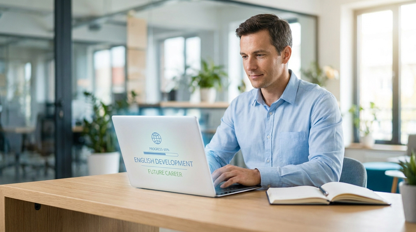 Un homme en chemise bleue travaille sur son ordinateur portable affichant une progression d'apprentissage de l'anglais.